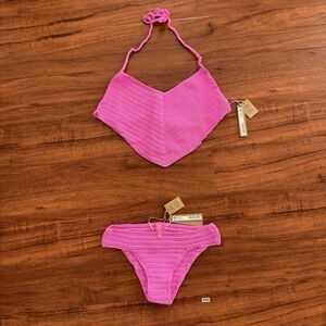 Skims Crochet Swim Bikini SET Top & Bottom Sz XXS Taffy Pink Stretch NWT